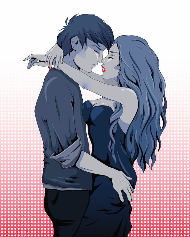 Cartoon illustration of a man and a woman embracing to kiss